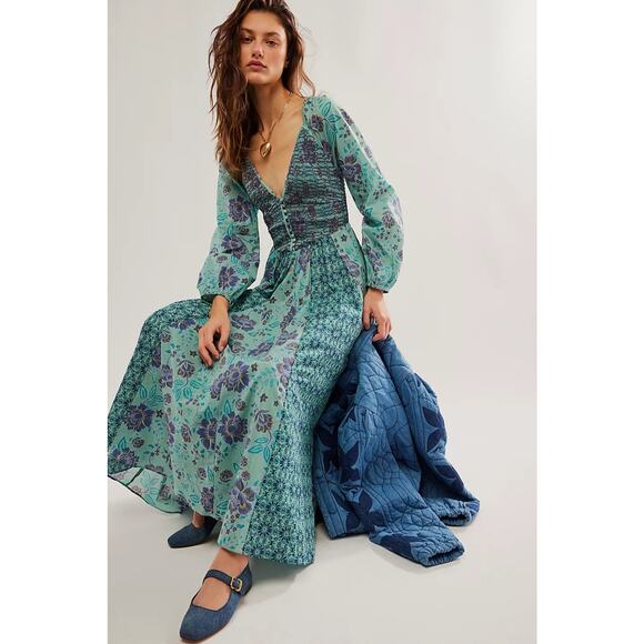 New FREE PEOPLE A New Way Floral Maxi Dress $168 SMALL Teal Smocked - Picture 4 of 7